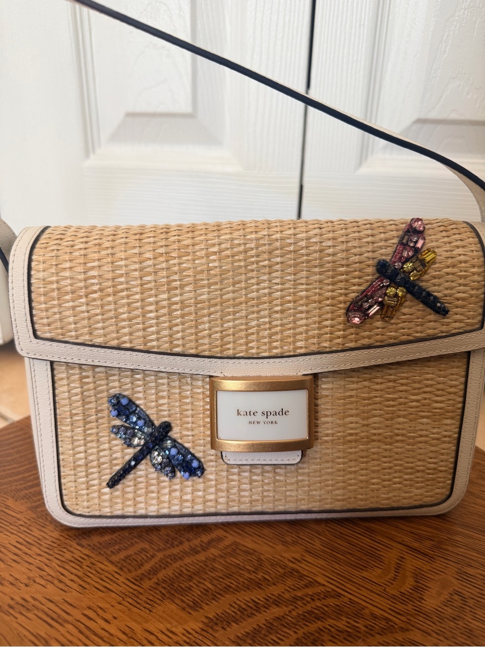 kate spade Katy Beige Woven Straw Purse with Bejeweled Dragonflies